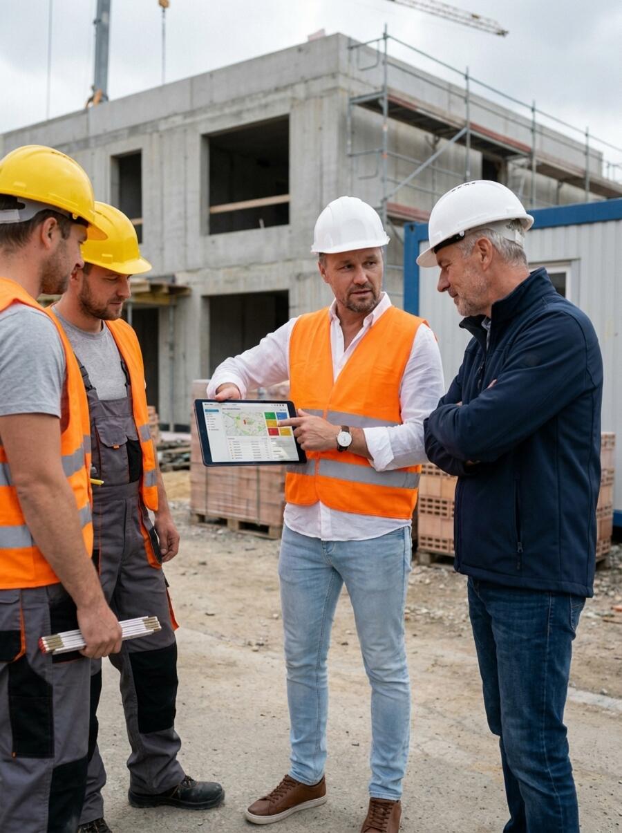 Christian Schulze erklärt die Zentrale auf der Baustelle