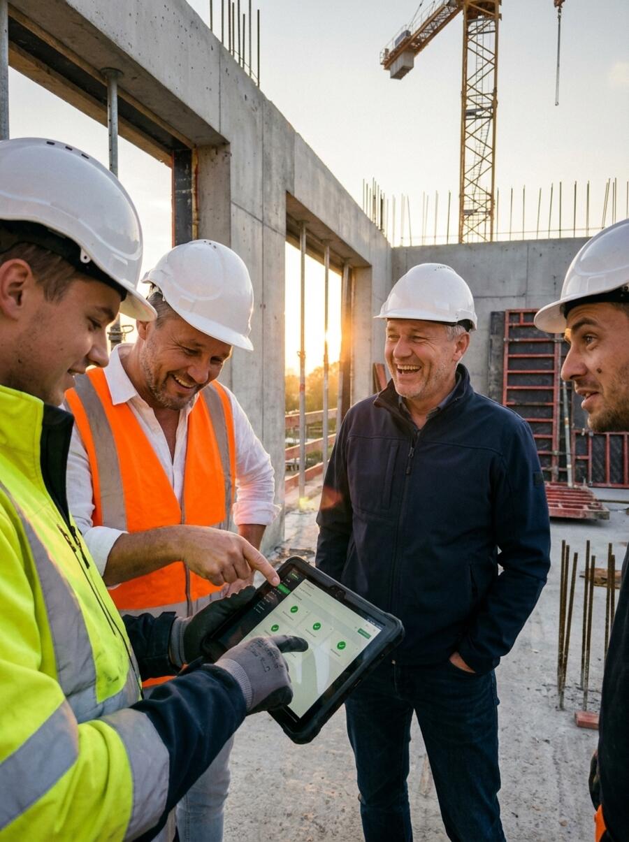 Bauleiter und Monteure lachen über die erledigten Aufgaben auf dem Tablet